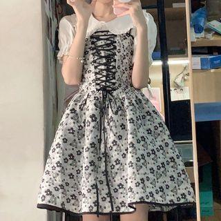 Spaghetti-strap Floral Mini A-line Dress / Short-sleeve Blouse