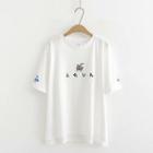 Short-sleeve Cat Embroidery T-shirt White - One Size