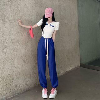 Short-sleeve Lettering T-shirt / High Waist Loose Fit Jogger Pants