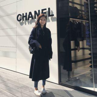 Tie-sash Wool Blend Long Coat Navy Blue - One Size