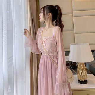 Mesh Panel Lace Long-sleeve Dress