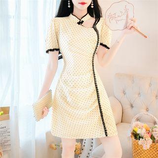 Short-sleeve Cutout Dotted Sheath Dress