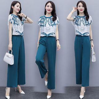 Set: Short-sleeve Print Blouse + Wide Leg Dress Pants