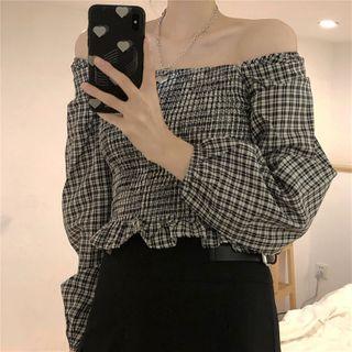 Off Shoulder Plaid Top Plaid - One Size