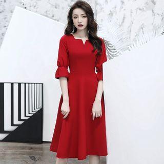 Notch Neck Elbow-sleeve Midi A-line Dress