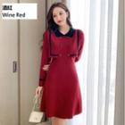 Long-sleeve Collared Double-breasted Knit A-line Dress