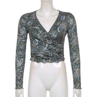 Long-sleeve Paisley Print V-neck Crop Top