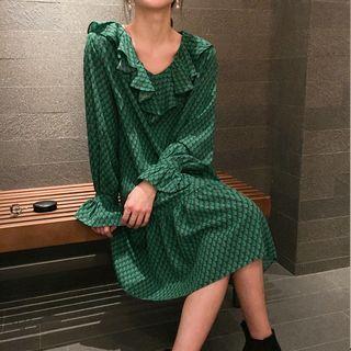 Long-sleeve V-neck Ruffle Dress