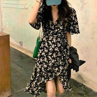 V-neck Flower Print Asymmetrical Dress As Figure - One Size