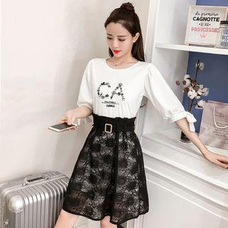 Set: Letter Embroidered Short-sleeve T-shirt + Mini A-line Lace Skirt