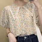 Puff-sleeve Flower Print Blouse Floral - Pink & Green & Blue - One Size