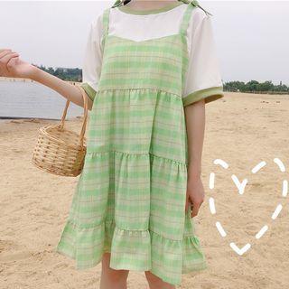 Mock Two-piece Short-sleeve Striped Dress As Shown In Figure - One Size