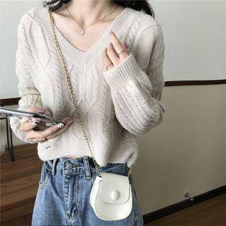 V-neck Plain Ripped Cable Knitted Crop Sweater