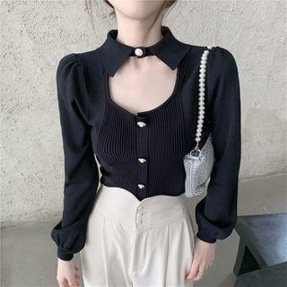 Polo-neck Cutout Ribbed Cardigan