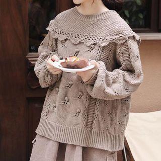 Pompom Detail Eyelet Sweater Milky Coffee - One Size