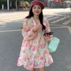 Balloon-sleeve Collar Floral Mini A-line Dress