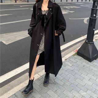 Spaghetti Strap Leopard Print A-line Dress / Double-breasted Trench Coat