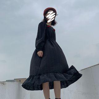 Cherry Long-sleeve Square Neck A-line Dress Black - One Size