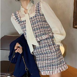 Sleeveless Tweed Top / Tweed Midi Skirt / Plain Blazer / Mock Neck Frilled Chiffon Top
