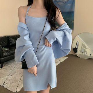 Spaghetti-strap Halter Mini Sheath Dress / Shrug