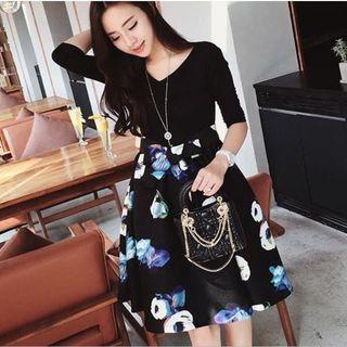 Mock Two-piece Long-sleeve Panel Midi Dress