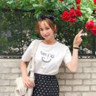 Set: Printed T-short + Polka-dot Ruffle-hem Skirt Ivory - One Size
