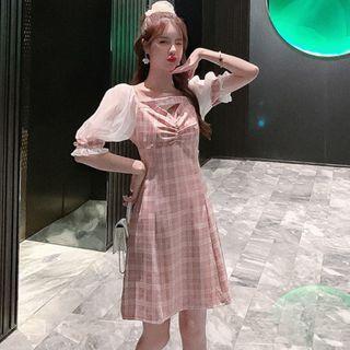 Mesh Puff-sleeve Panel Plaid Dress