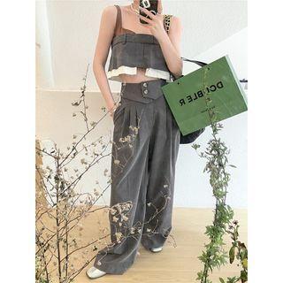 Sleeveless Color-block Mock Two-piece Top / High-waist Plain Loose-fit Pants