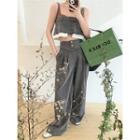 Sleeveless Color-block Mock Two-piece Top / High-waist Plain Loose-fit Pants