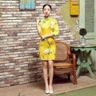 3/4-sleeve Floral Print Qipao Dress