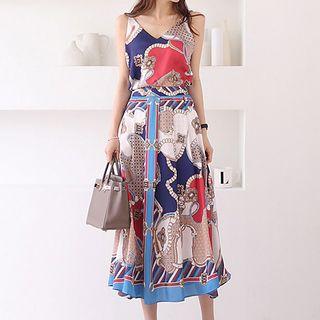 Set: Print Panel Camisole Top + Midi A-line Skirt