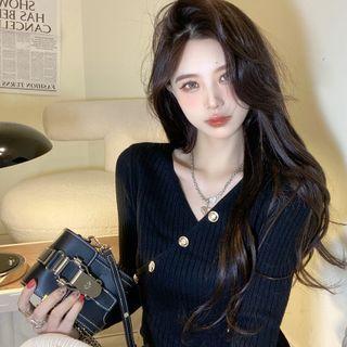 Long-sleeve V-neck Wrap Knit Top