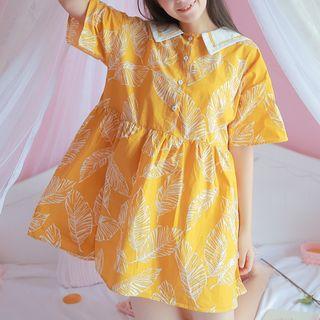 Leaf Print Collared Short Sleeve Dress
