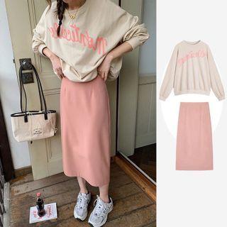 Lettering Print Sweatshirt / Midi A-line Skirt / Set