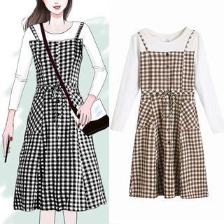 Mock Two-piece Long-sleeve Gingham A-line Dress