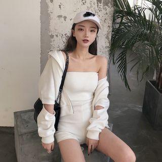 Strapless Knit Playsuit / Cut Out Zip Hoodie