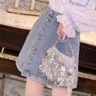 Rhinestone Buttoned A-line Mini Denim Skirt