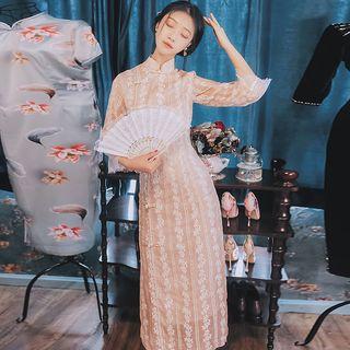 Traditional Chinese 3/4-sleeve Lace Midi Dress