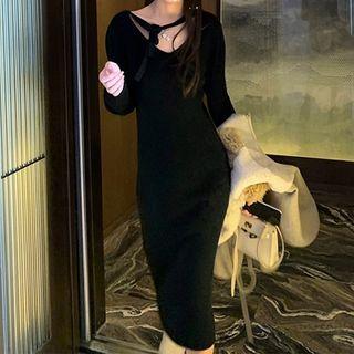 Long-sleeve Tie-back Knit Midi Sheath Dress