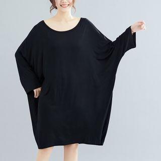 Long-sleeve Plain Mini A-line Dress Black - One Size