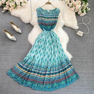 Round Neck Printed A-line Tank Dress