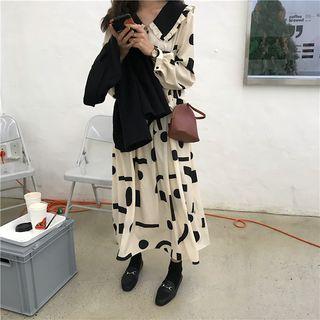 Long-sleeve Print Midi Dress Beige - One Size