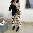 Long-sleeve Print Midi Dress Beige - One Size