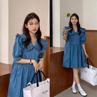Short-sleeve Denim Collared Dress Blue - One Size
