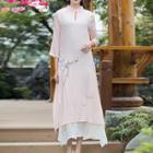 Mandarin Collar Floral Print 3/4-sleeve A-line Midi Dress