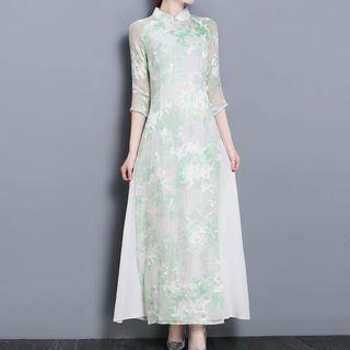Elbow-sleeve Qipao Maxi Dress