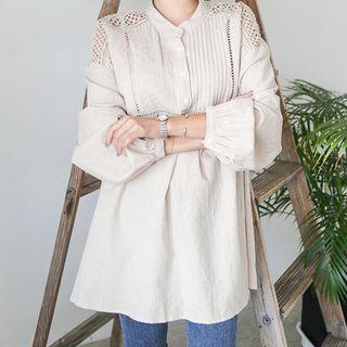 Mandarin-collar Perforated Linen Blend Blouse
