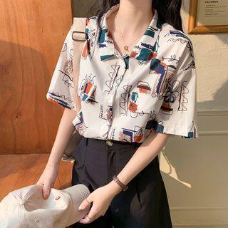 Short-sleeve Printed Shirt White & Blue & Orange - One Size