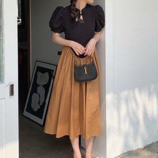 Puff-sleeve Knot Button Panel Maxi Dress