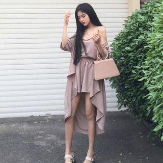 Long Light Jacket / Set: Plain Camisole Top + Wide Leg Shorts
